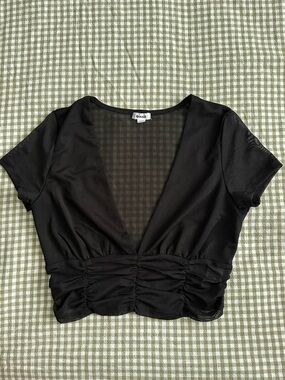 Garage Black Mesh V-Neck Ruched Crop Top